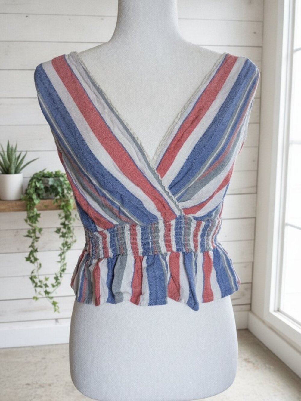 Boho crop top by Angie Red Blue Striped smocked V-Neck Peplum